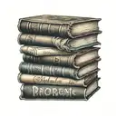 tattoo of a stack of books with english, Korean, Italian and Thai, on the spines tattoo design idea