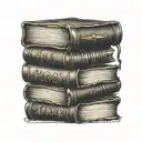 tattoo of a stack of books with english, Korean, Italian and Thai, on the spines tattoo design idea