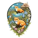a fox, bear, squirrel, rabbit, and a blue penguin in a field of blue flowers tattoo design idea