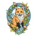 a fox, bear, squirrel, rabbit, and a blue penguin in a field of blue flowers tattoo design idea