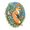 a fox, bear, squirrel, rabbit, and a blue penguin in a field of blue flowers tattoo design idea