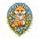 a fox, bear, squirrel, rabbit, and a blue penguin in a field of blue flowers tattoo design idea