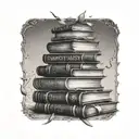 tattoo of a stack of books with english, Korean, Italian and Thai, on the spines tattoo design idea