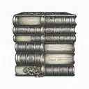 tattoo of a stack of books with english, Korean, Italian and Thai, on the spines tattoo design idea