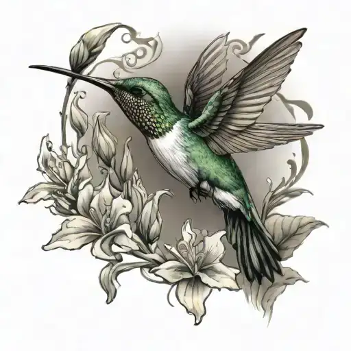hummingbird in flight near canna  tattoo design idea