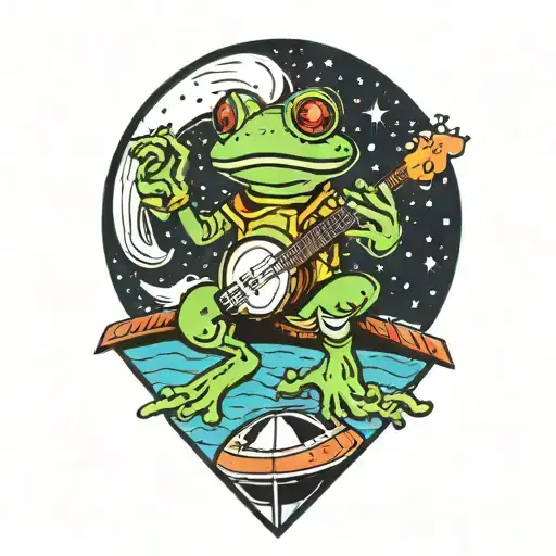 frog playing banjo sitting on spaceship tattoo design idea