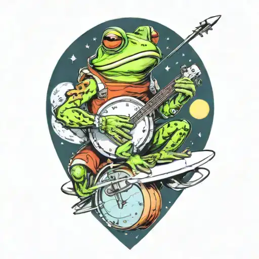 frog playing banjo sitting on spaceship in spacesuit smoking a pipe tattoo design idea
