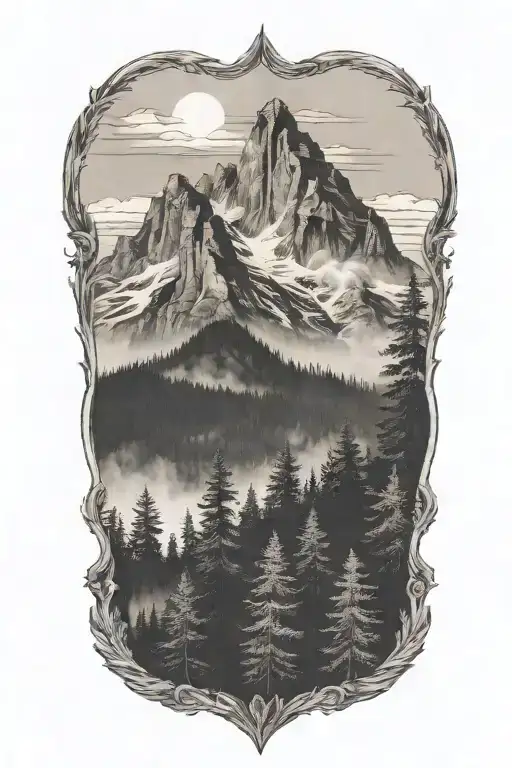 mountains with foggy trees in front foggy forest mist tattoo design idea