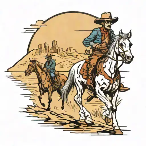 western skeleton cowboy landscape make horse running tattoo design idea
