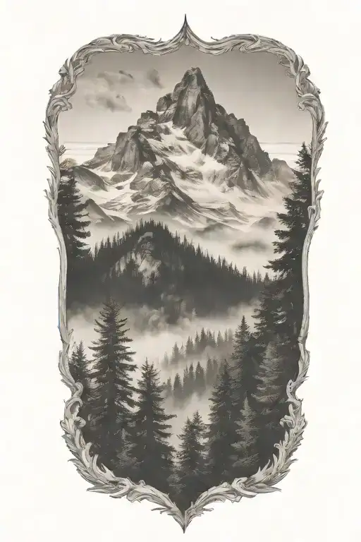mountains with foggy trees in front foggy forest mist tattoo design idea