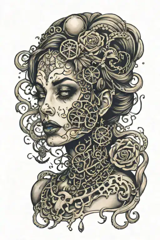 necronomicon lady face jewlry tattoo design idea