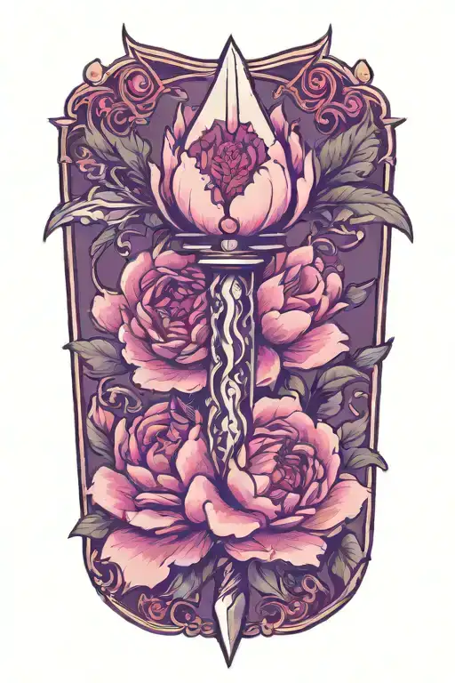 traditional dagger with peony flower tattoo design idea