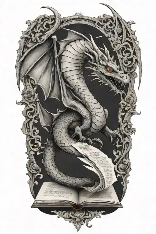 dragon with book pages flying   tattoo design idea