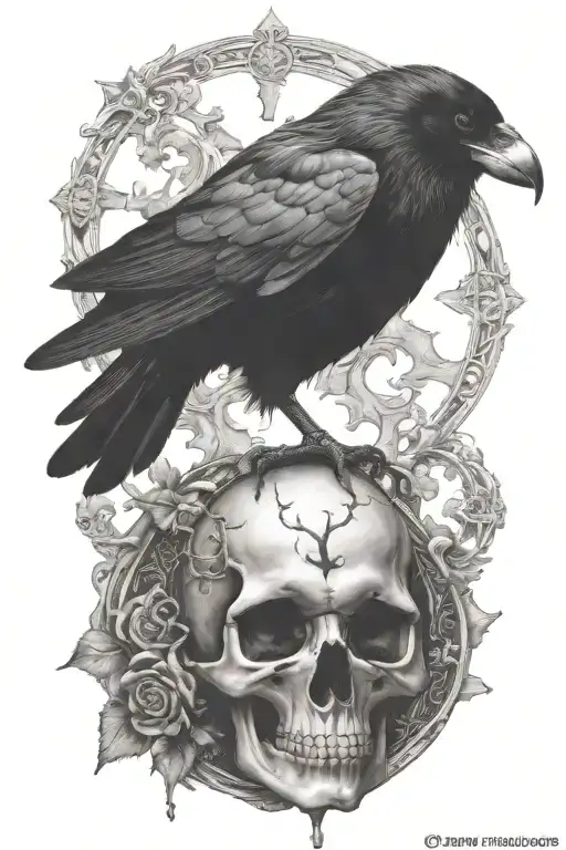 Nordic signs, ravens and skulls tarot card queen chess piece tattoo design idea