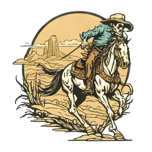 western skeleton cowboy landscape make horse running tattoo design idea