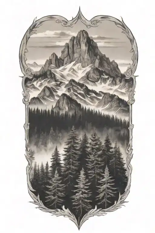 mountains with foggy trees in front foggy forest mist tattoo design idea