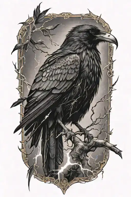 raven standin in a lightning storm with arrows in his back tattoo design idea