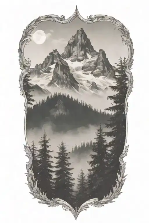mountains with foggy trees in front foggy forest mist tattoo design idea
