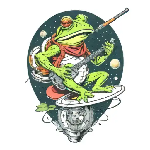frog playing banjo sitting on flying saucer in spacesuit smoking a pipe tattoo design idea