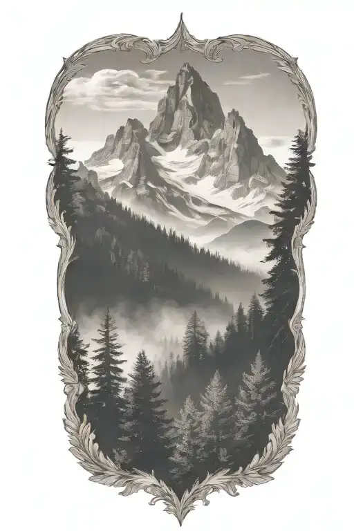 misty mountain range with foggy trees in front tattoo design idea