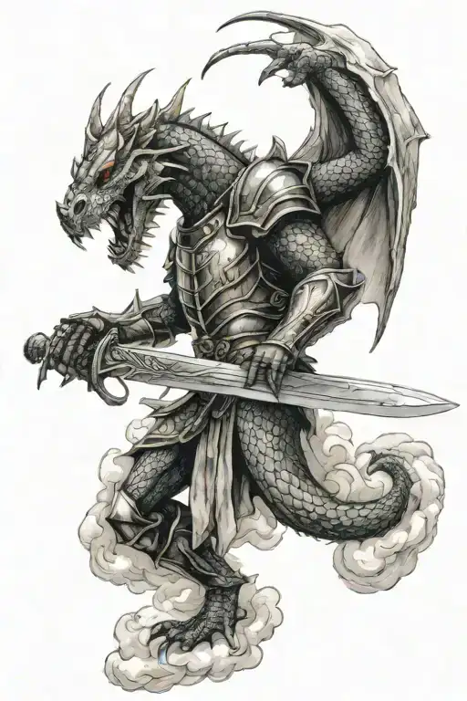dragon movement clouds fighting medieval knight holding a sword tattoo design idea