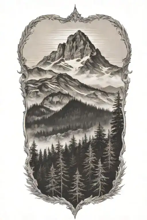 mountains with foggy trees in front foggy forest tattoo design idea