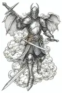 dragon movement clouds medieval knight holding a sword tattoo design idea