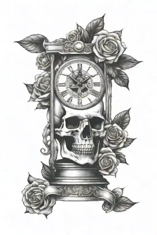 skull, roses, clock, hour glass, lady head profile holding tattoo design idea