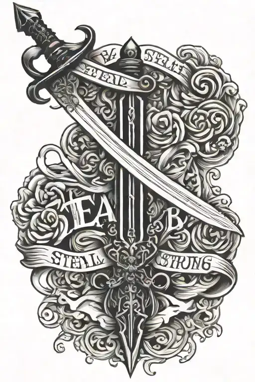 sword with words around "steal isnt strong boy flesh is stonger"   tattoo design idea