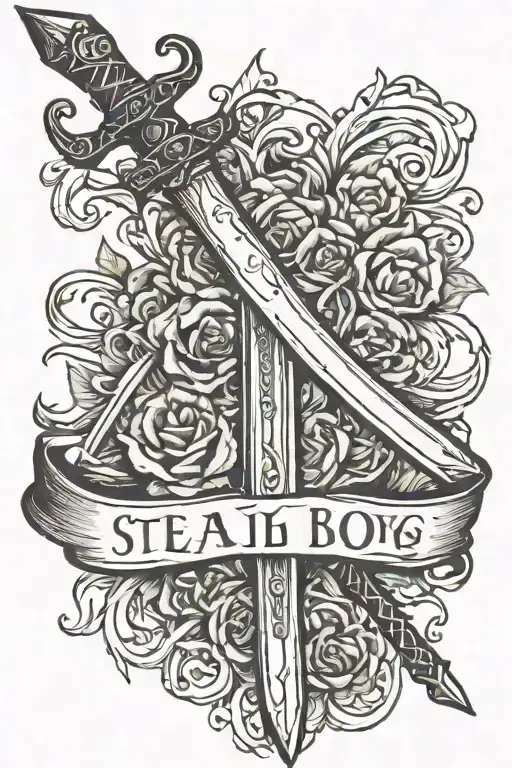 simpe  sword with words around "steal isnt strong boy flesh is stonger"    tattoo design idea