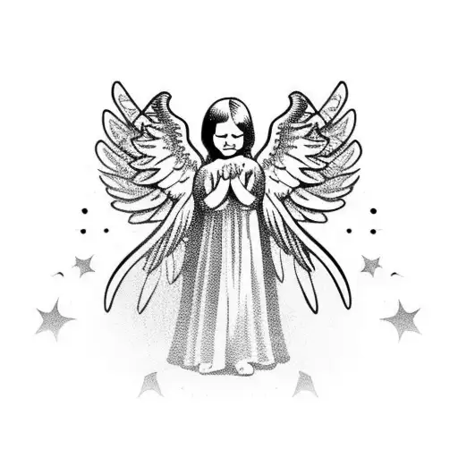 cute small angel with wings praying tattoo design idea