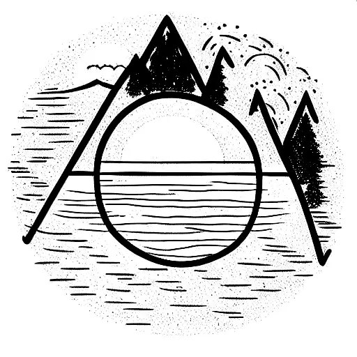 mountain trees moon and waves with sun tattoo design idea
