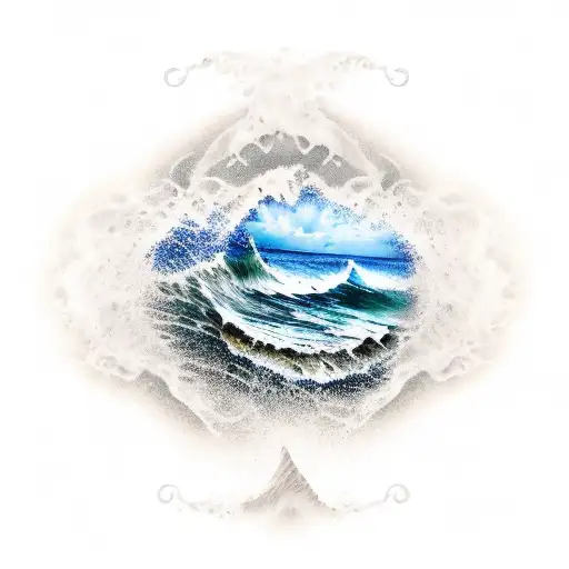 A realistic tattoo of a beach scene in the Dominican Republic with a Taurus zodiac symbol subtly hidden in the waves tattoo design idea