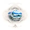 A realistic tattoo of a beach scene in the Dominican Republic with a Taurus zodiac symbol subtly hidden in the waves tattoo design idea