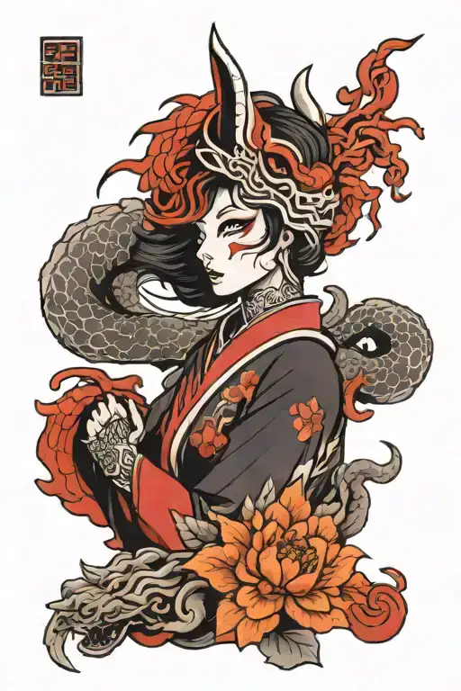 sleeve tattoo kitsune mask, woman, dragon, samurai, sakura tattoo design idea