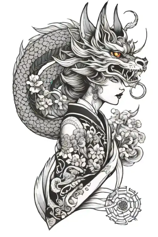 sleeve tattoo kitsune mask, woman, dragon, samurai, sakura tattoo design idea