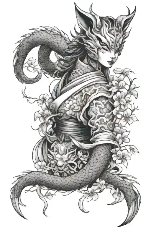sleeve tattoo kitsune mask, woman, dragon, samurai, sakura tattoo design idea