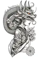 sleeve tattoo kitsune mask, woman, dragon, samurai, sakura tattoo design idea