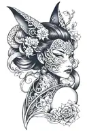 sleeve tattoo kitsune mask, woman, dragon, samurai, sakura tattoo design idea