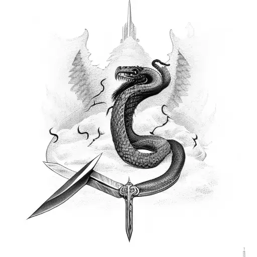 sword on fire, with crow spreading wings in the air, and snake wrapped around the sword tattoo design idea