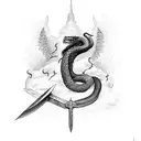 sword on fire, with crow spreading wings in the air, and snake wrapped around the sword tattoo design idea