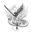 sword on fire, with crow spreading wings in the air, and snake wrapped around the sword tattoo design idea