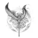 sword on fire, with crow spreading wings in the air, and snake wrapped around the sword tattoo design idea