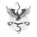 sword on fire, with crow spreading wings in the air, and snake wrapped around the sword tattoo design idea