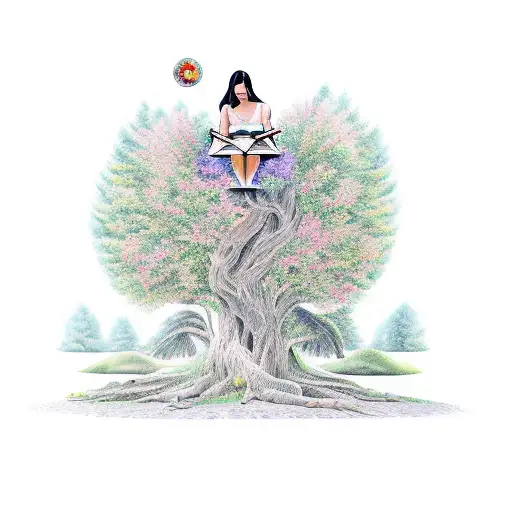 A traditional tattoo depicting a woman sitting under a tree, surrounded by art supplies and reading a book, symbolizing the joy of being outdoors and indulging in artistic pursuits tattoo design idea