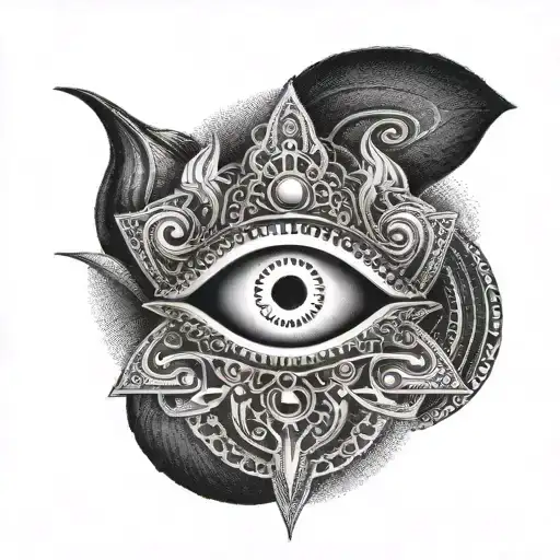 A dotwork tattoo of a stylized third eye symbol representing Lord Shiva's wisdom and insight tattoo design idea