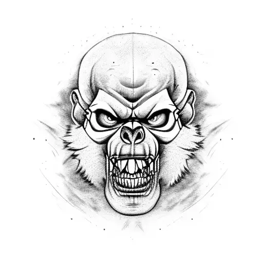 a yellow and red angry face with red eyes, skull design for a rock band, grumpy gorilla, canine, rounded logo, british g tattoo design idea