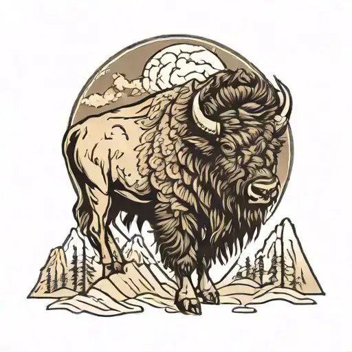 bison with mountains and trees  tattoo design idea