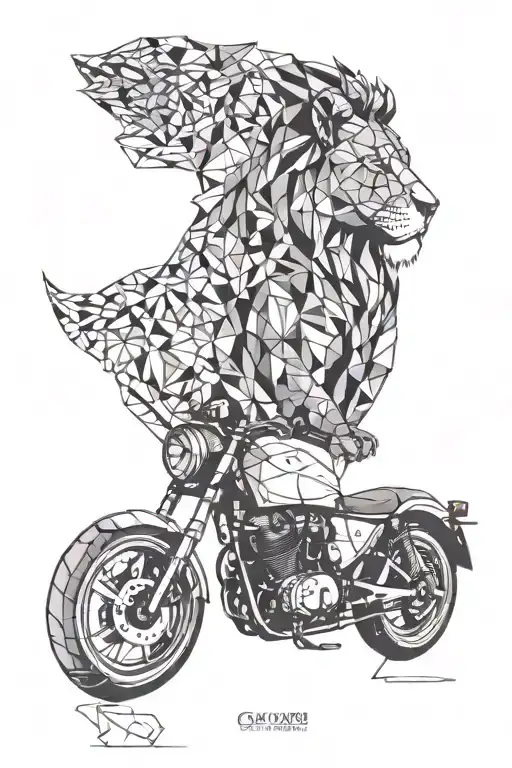 geometric tattoo with a girl's motorcycle and a lion with blue eyes tattoo design idea