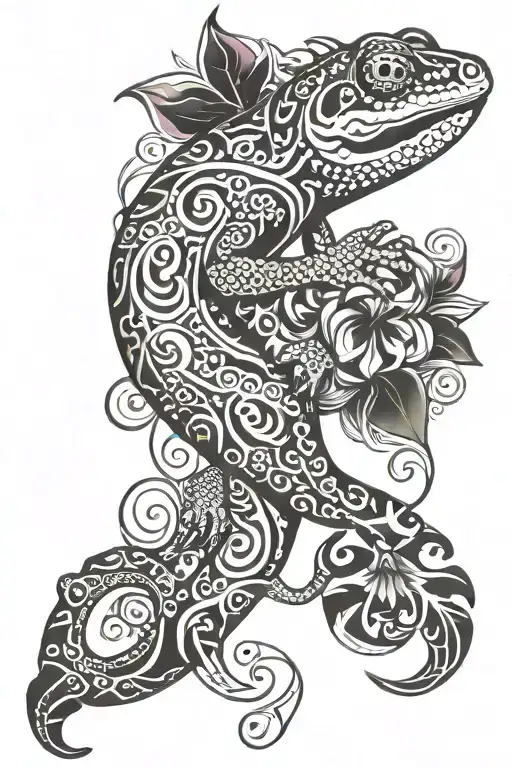 gecko Maori patterns and flowers surrounding tattoo design idea